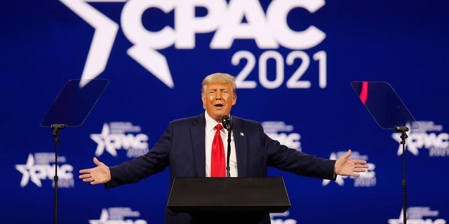 Former U.S. President Donald Trump speaks at the Conservative Political Action Conference in Orlando, Florida, U.S. February 28, 2021. REUTERS/Joe Skipper