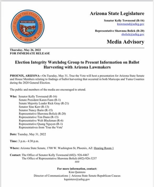 Confirmed: ‘True the Vote’ to Present Findings of Ballot Harvesting in Yuma and Maricopa Counties to Arizona Lawmakers on Tuesday at 3 PM
