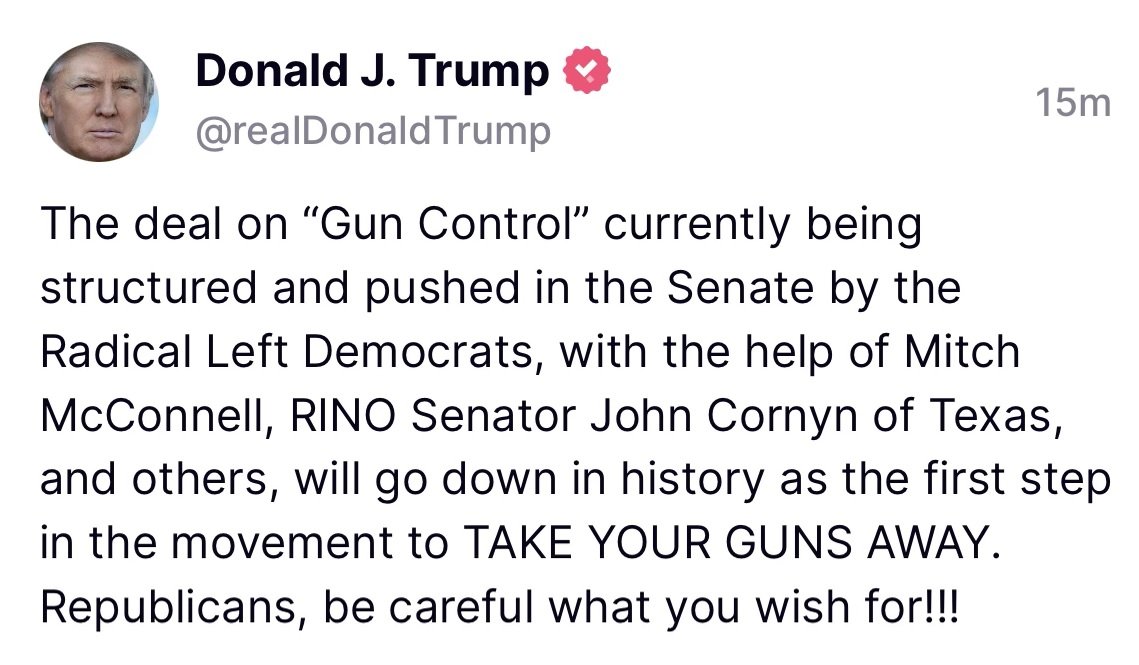Trump Responds to Senate Gun Control Bill and Warns GOP Senators It’s the FIRST STEP to Take Your Guns Away
