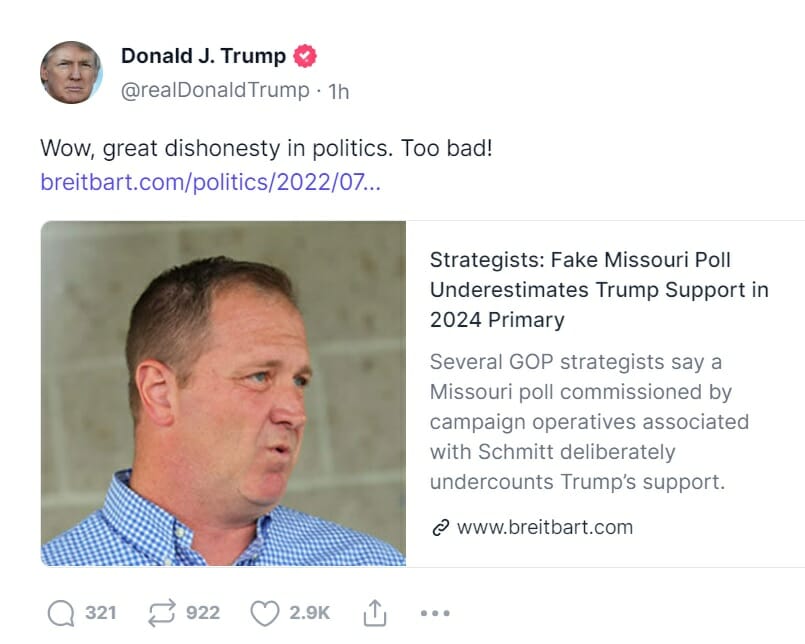 President Trump Responds on Truth Social to Suspect Missouri Poll “Wow, Great Dishonesty in Politics”