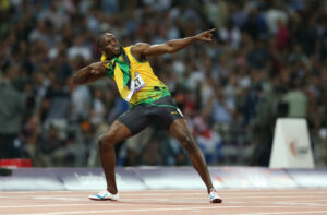 Usain Bolt doing his signature celebration pose