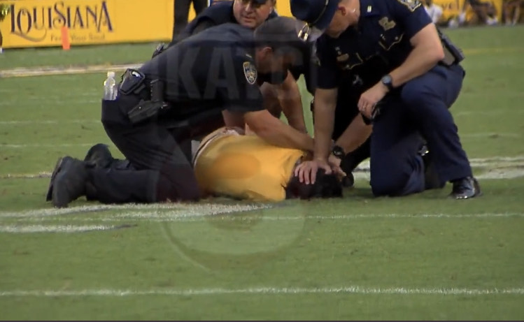 LSU Fan Inexplicably Sneaks Onto Field During A Play Before Security Pummels Him