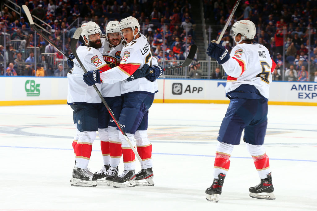 The Florida Panthers celebrate a goal against the Islanders immediately following a "failed stadium proposal."