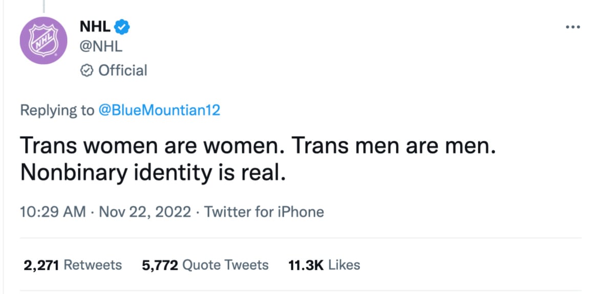 Another Competitor in the Woke Olympics: The National Hockey League Tweets “Trans Women Are Women”