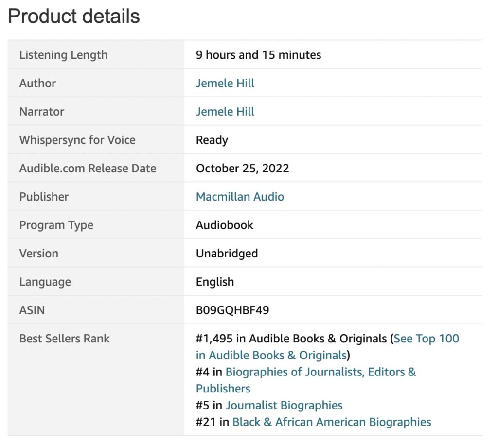 Jemele Hill audiobook is actually inside the top 1,500 books!