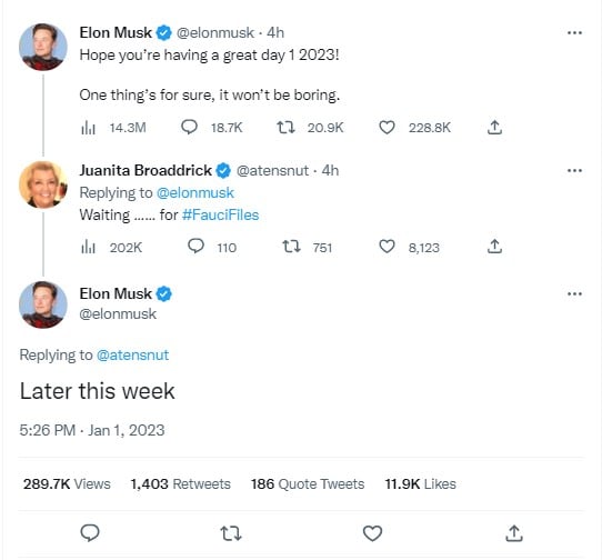 Elon Musk: Fauci Files to Drop Later This Week – 2023 Is About to Get Interesting!