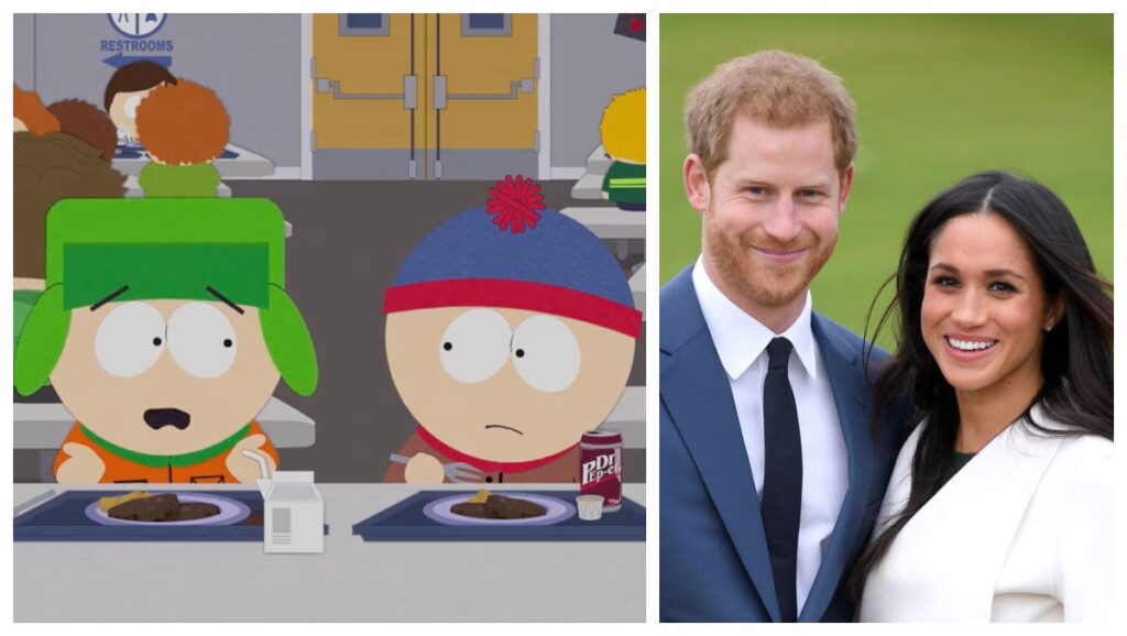 "South Park" will target Prince Harry and Meghan Markle in the new episode. (Credit: Screenshot/Twitter video https://twitter.com/SouthPark/status/1625258880887566336 and Getty Images)