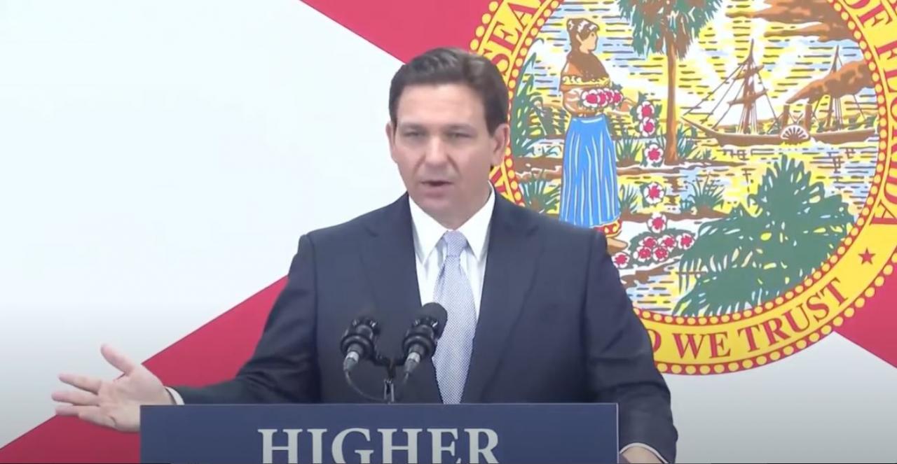 Florida Gov. Ron DeSantis addresses reporters at a news conference Tuesday in Bradenton.