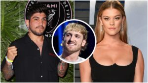 Dillon Danis is trolling Logan Paul with photos of Nina Agdal with other men. He tweeted a porn meme featuring Agdal. (Credit: Getty Images)