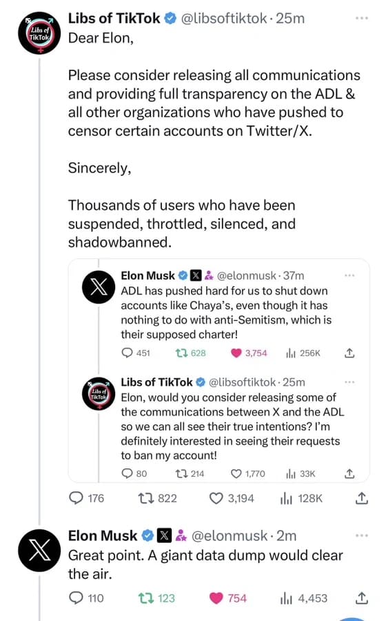Elon Musk Threatens to Sue the ADL and Release Communications Between ADL and Other Groups Pushing to Censor Twitter-X Accounts