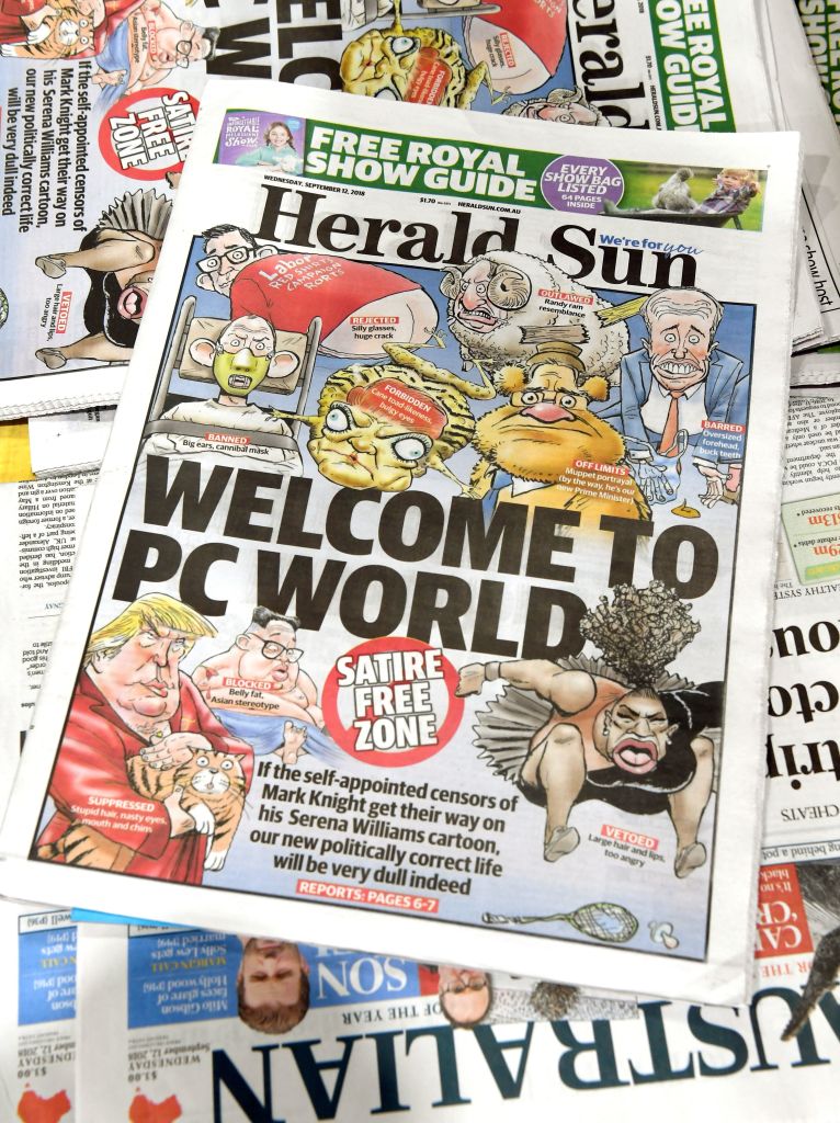Front page of the Herald Sun newspaper, featuring a cartoon of US tennis player Serena Williams (lower R), on sale at a newsstand in Melbourne on September 12, 2018.