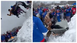 Buffalo Bills fans jump on burning tables before Steelers playoff game.